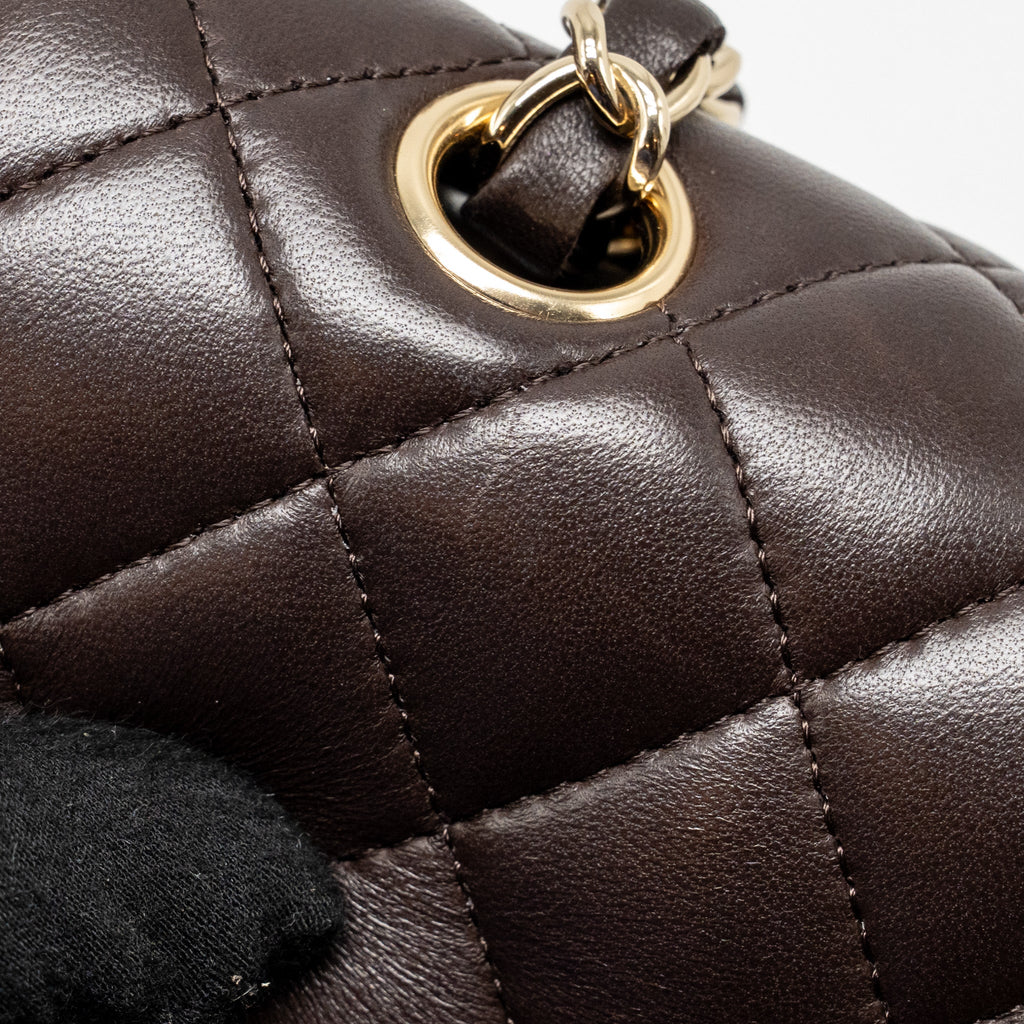 CHANEL SMALL CLASSIC DOUBLE FLAP BAG LAMBSKIN DARK BROWN LGHW (MICROCHIP)