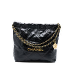 CHANEL SMALL 22 BAG GOLD LETTER SHINY CALFSKIN BLACK GHW (MICROCHIP)