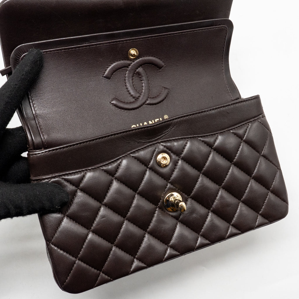 CHANEL SMALL CLASSIC DOUBLE FLAP BAG LAMBSKIN DARK BROWN LGHW (MICROCHIP)