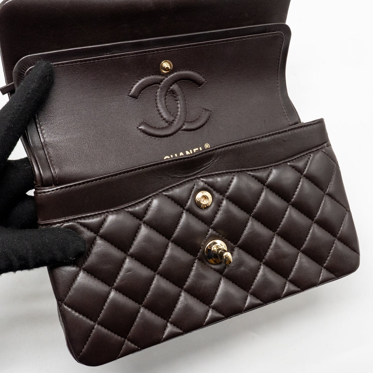 CHANEL SMALL CLASSIC DOUBLE FLAP BAG LAMBSKIN DARK BROWN LGHW (MICROCHIP)