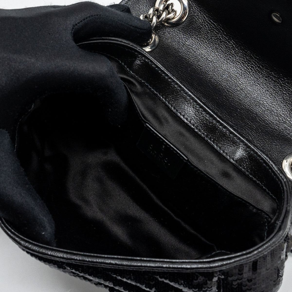 GUCCI MINI GG MARMONT MATELASSE BAG SEQUIN BLACK SHW