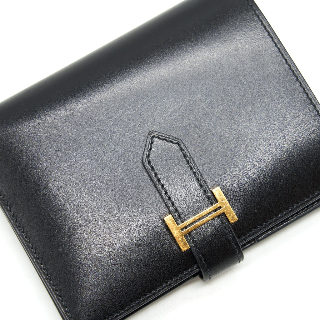 Hermes Bearn Compact Wallet Box Calfskin Black GHW