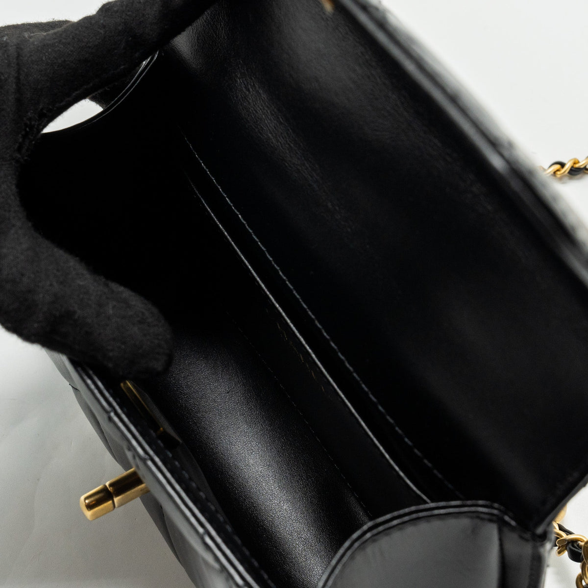 CHANEL 24C GOLD CRUSH MINI FLAP BAG CALFSKIN BLACK GHW (MICROCHIP)