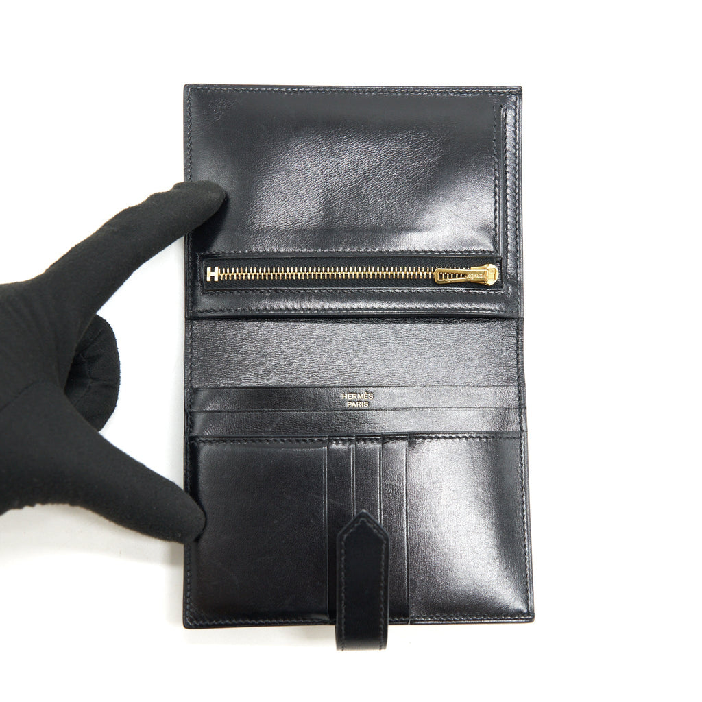 Hermes Bearn Compact Wallet Box Calfskin Black GHW