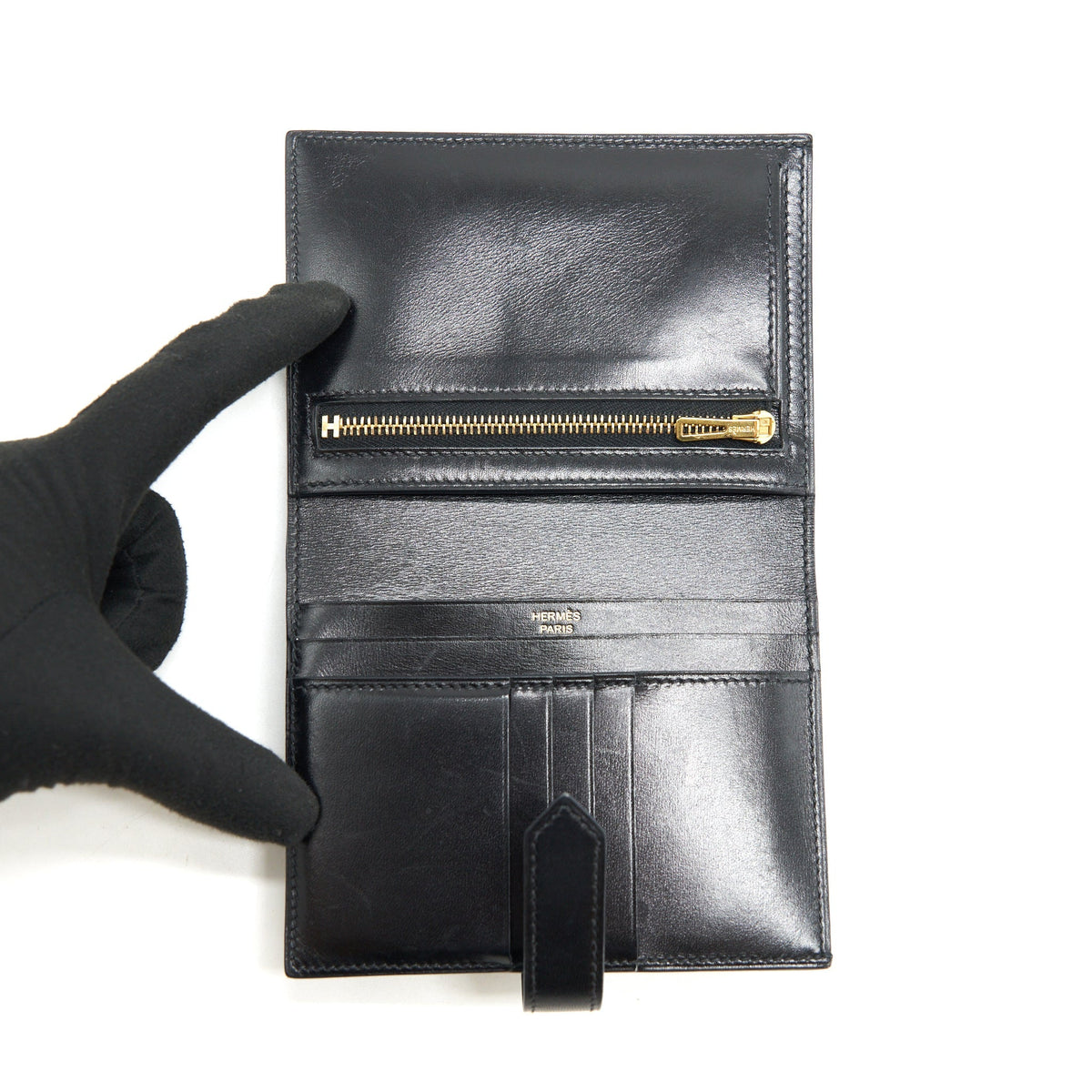 Hermes Bearn Compact Wallet Box Calfskin Black GHW