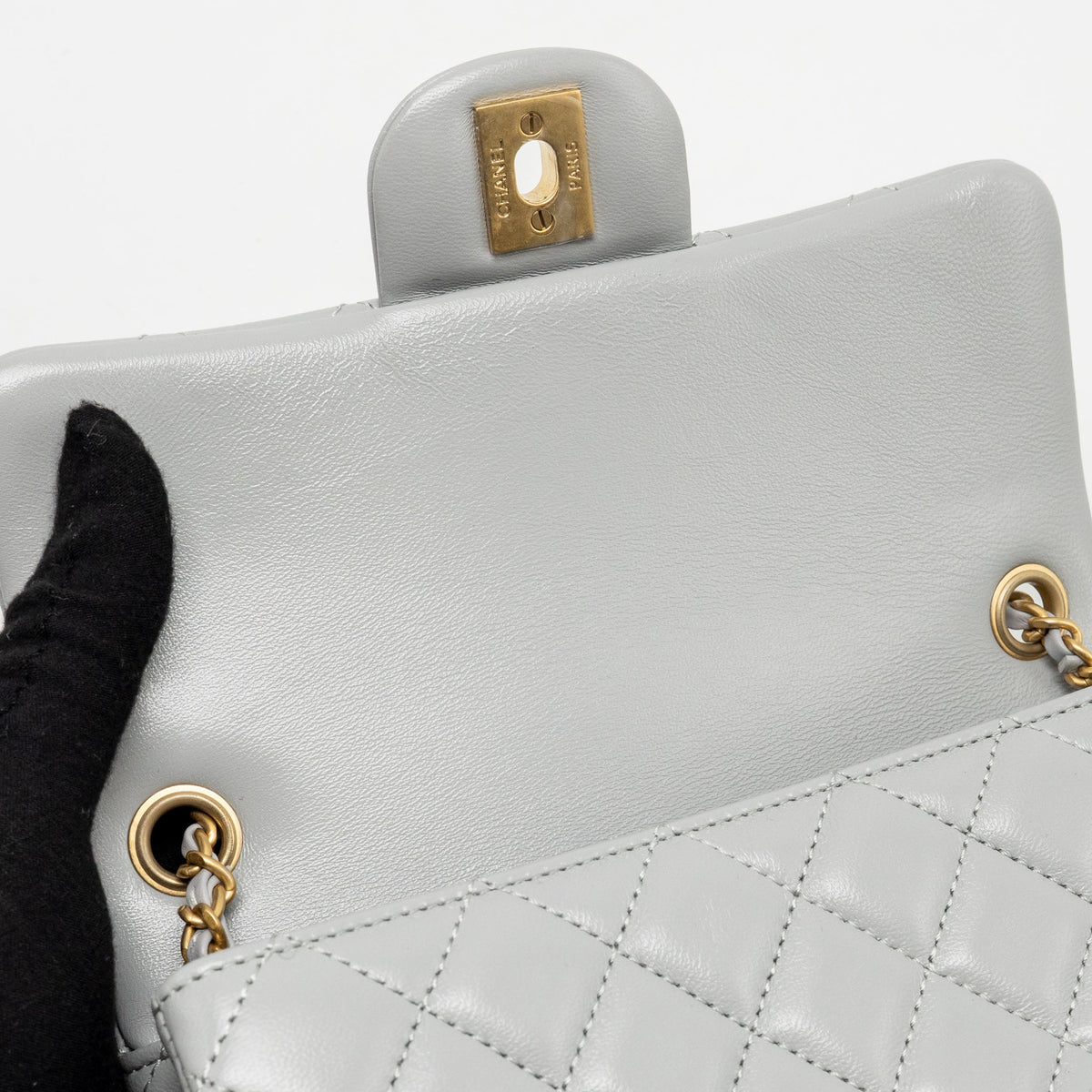 CHANEL PEARL CRUSH MINI RECTANGULAR FLAP BAG LAMBSKIN GREY GHW (MICROCHIP)