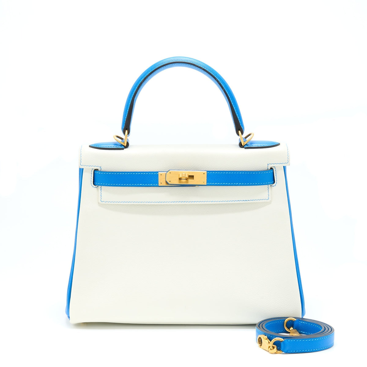 HERMES KELLY 28 SPECIAL ORDER EVERCOLOR BLANC/MYKONO BRUSHED GOLD HARDWARE