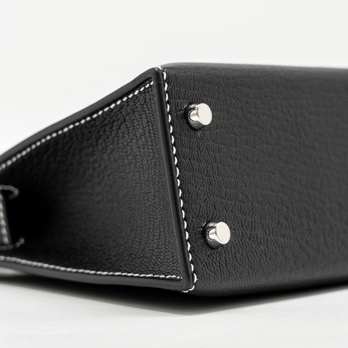 Hermes Mini Kelly II special order Chevre Mysore black / gris perle white stitching SHW