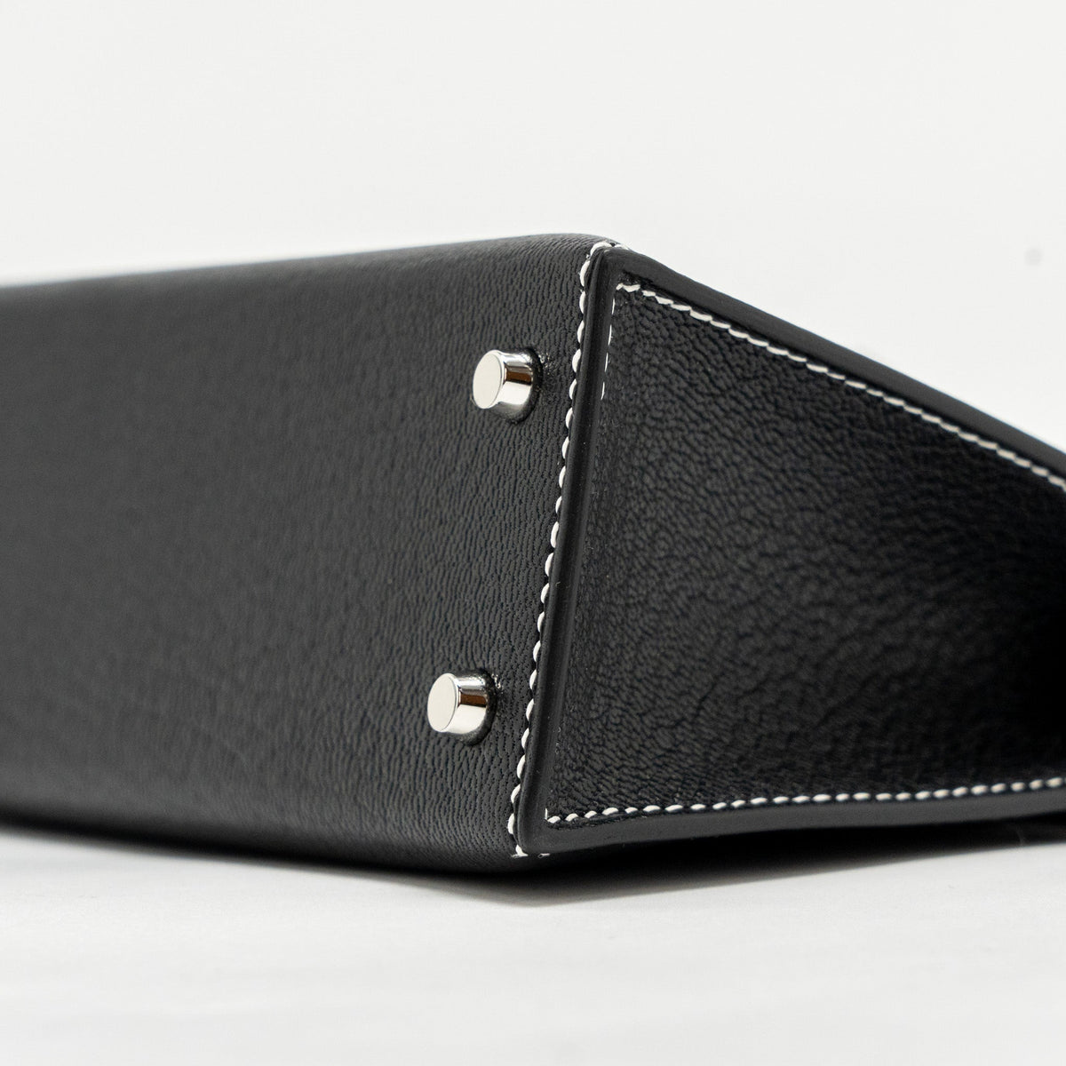 Hermes Mini Kelly II special order Chevre Mysore black / gris perle white stitching SHW