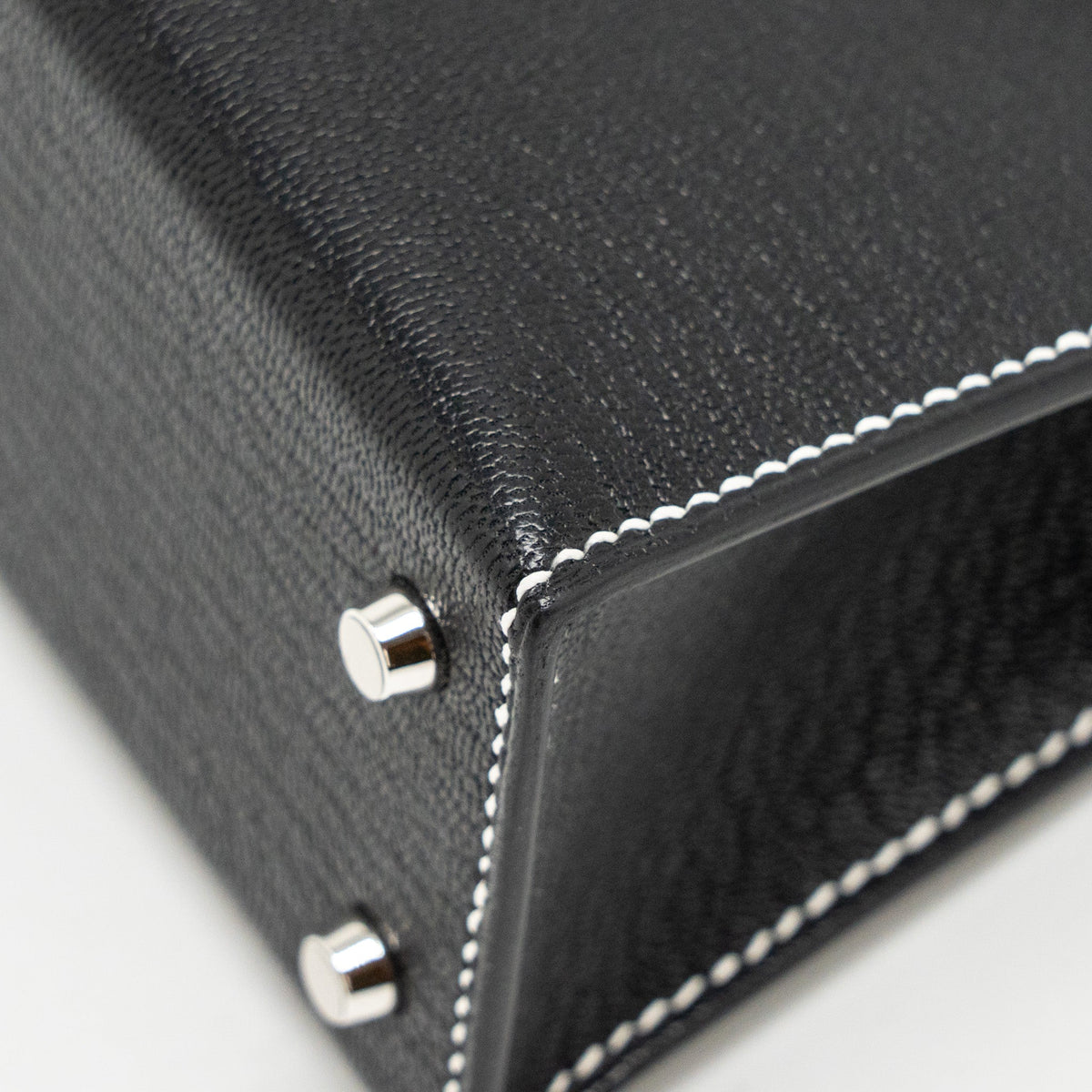 Hermes Mini Kelly II special order Chevre Mysore black / gris perle white stitching SHW