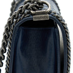 CHANEL MEDIUM BOY BAG LIMITED EDITION WITH CHAIN EDGE AGED CALFSKIN NAVY RUTHENIUM HARDWARE
