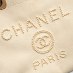 CHANEL DEAUVILLE TOTE BAG WITH PEARL LOGO FABRIC/LEATHER CREAMY WHITE/BEIGE LGHW