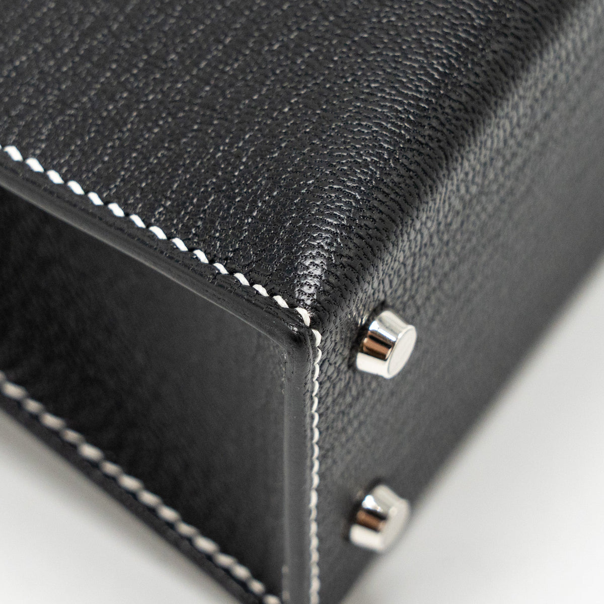Hermes Mini Kelly II special order Chevre Mysore black / gris perle white stitching SHW