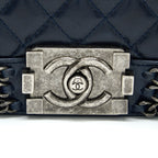 CHANEL MEDIUM BOY BAG LIMITED EDITION WITH CHAIN EDGE AGED CALFSKIN NAVY RUTHENIUM HARDWARE