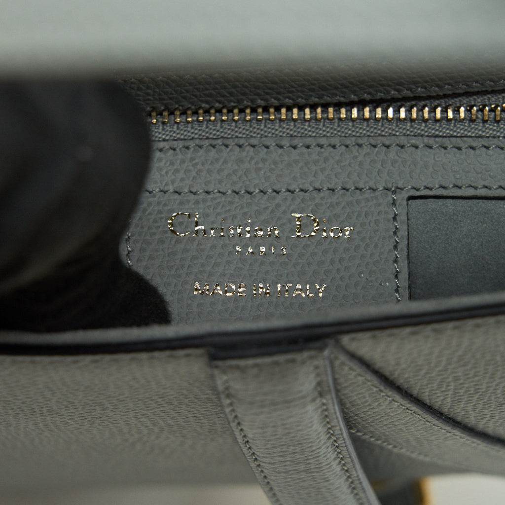 DIOR MEDIUM SADDLE BAG GRAINED CALFSKIN GREY WITH DIOR CANVAS SHOULDER STRAP