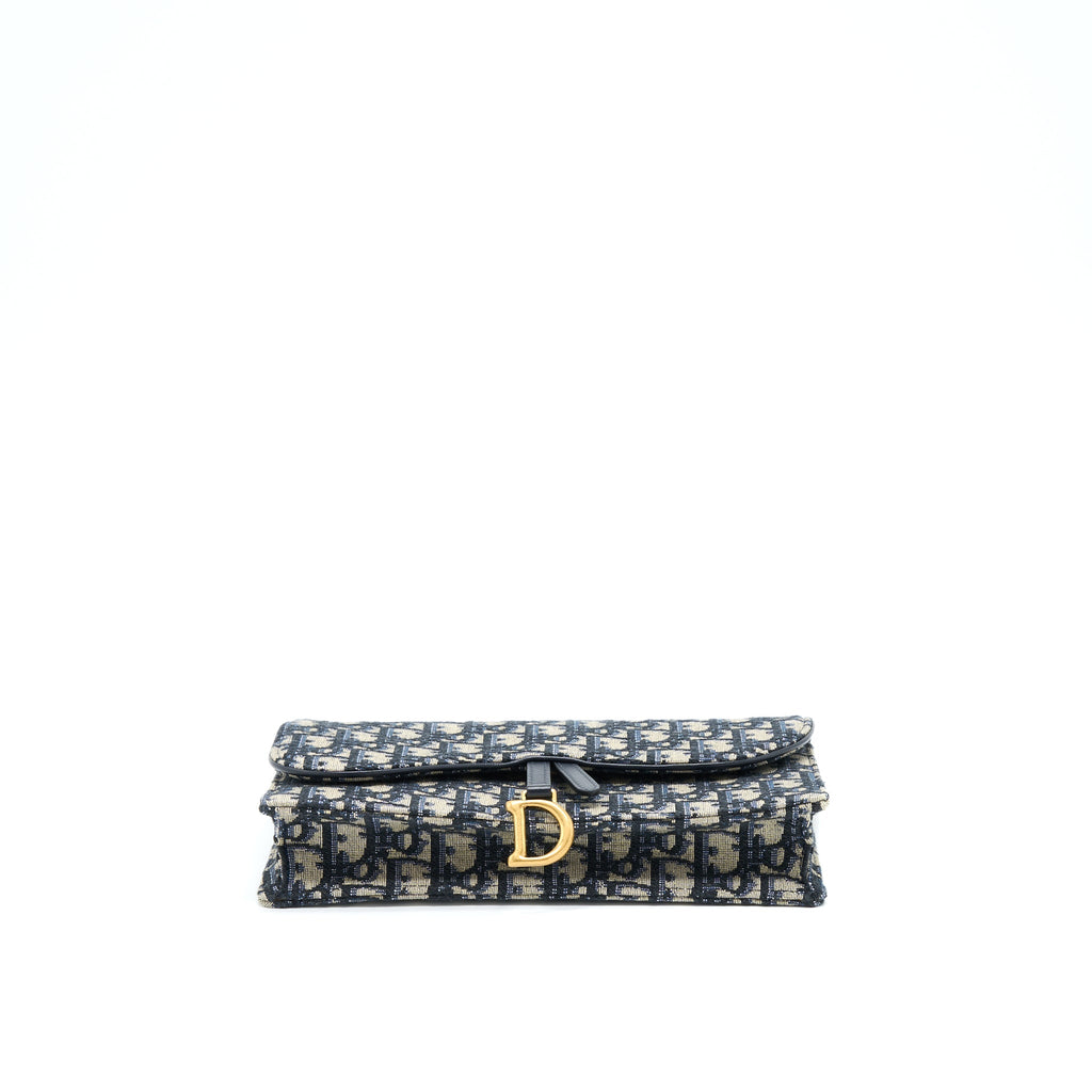 DIOR SADDLE POUCH WITH CHAIN BLUE DIOR OBLIQUE JACQUARD GHW