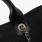 CHANEL SMALL DEAUVILLE SHOPPING TOTE BAG CALFSKIN/FABRIC BLACK LGHW (MICROCHIP)