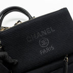 CHANEL SMALL DEAUVILLE SHOPPING TOTE BAG CALFSKIN/FABRIC BLACK LGHW (MICROCHIP)