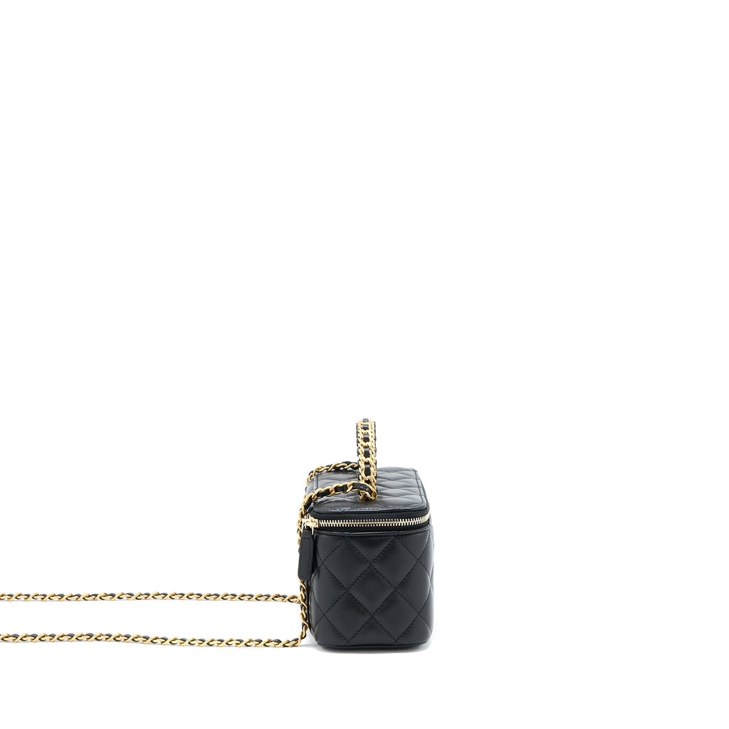 CHANEL 22K LEATHER CHAIN TOP HANDLE LONG VANITY CASE LAMBSKIN BLACK BRUSHED GHW