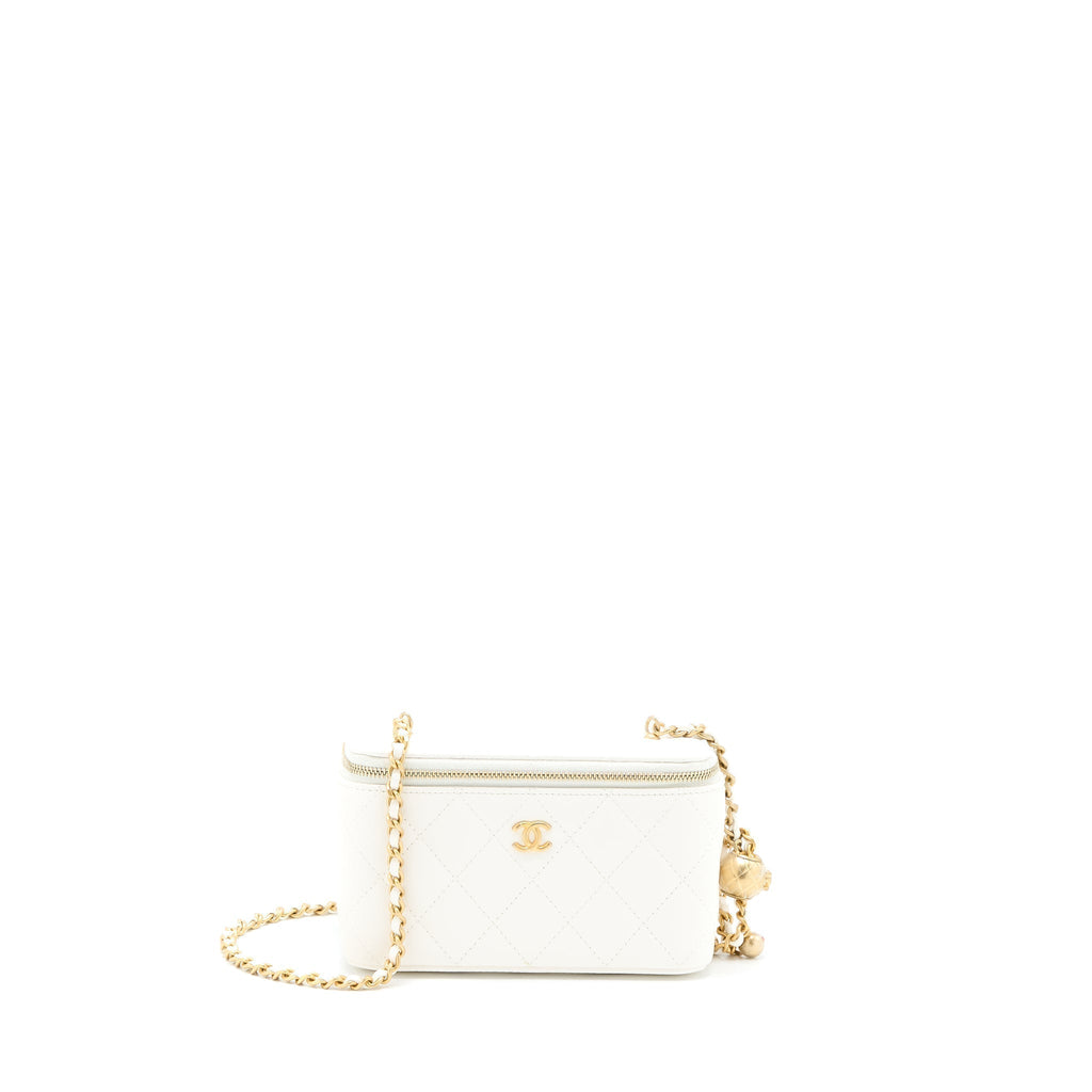 CHANEL PEARL CRUSH LONG VANITY CASE LAMBSKIN WHITE BRUSHED GHW