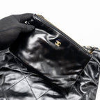 CHANEL SMALL 22 BAG GOLD LETTER SHINY CALFSKIN BLACK GHW (MICROCHIP)