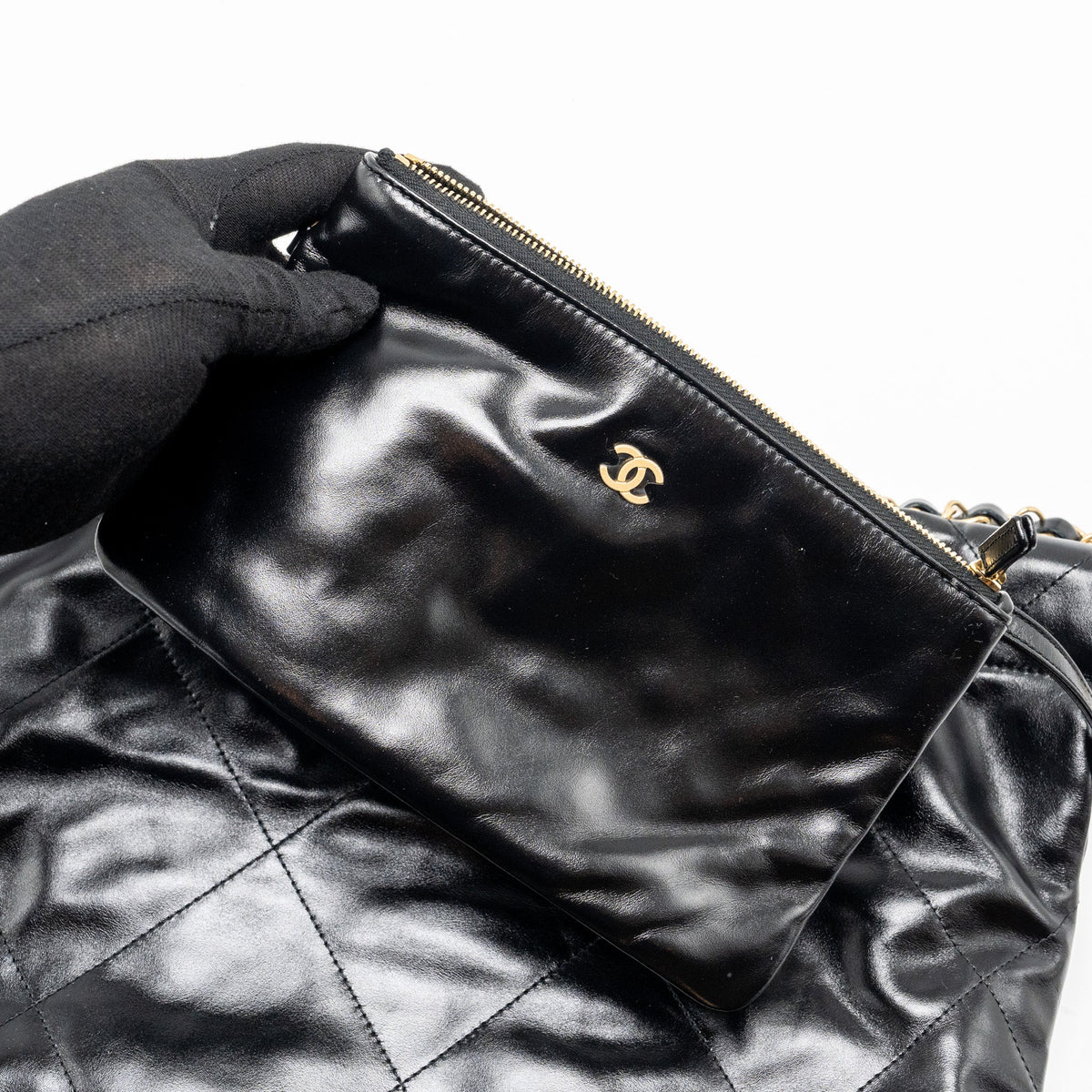 CHANEL SMALL 22 BAG GOLD LETTER SHINY CALFSKIN BLACK GHW (MICROCHIP)