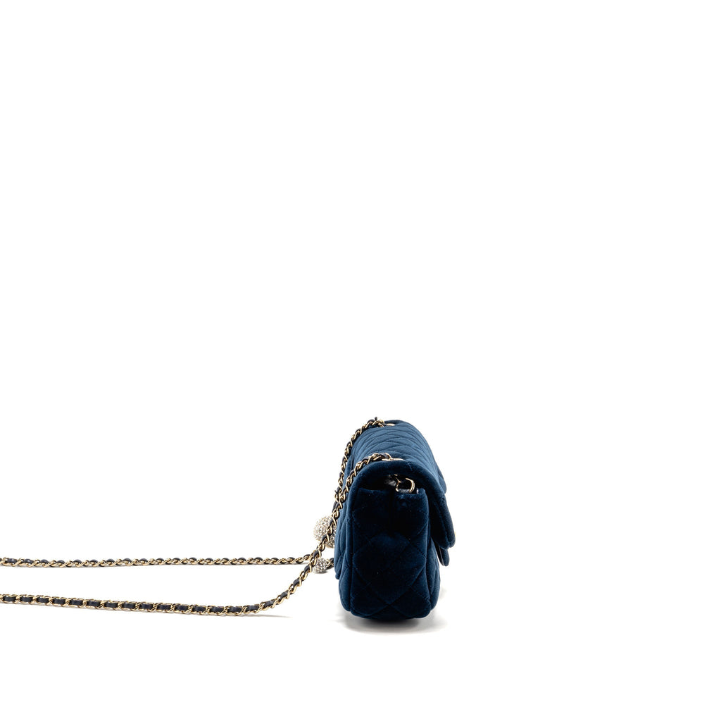 Chanel crystal pearl crush mini rectangular flap bag velvet navy blue LGHW