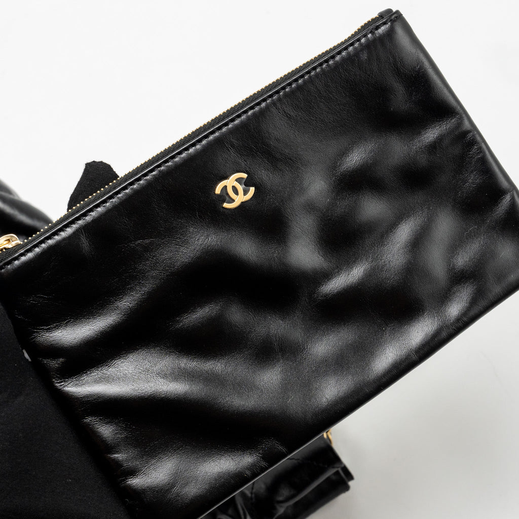 CHANEL SMALL 22 BAG GOLD LETTER CALFSKIN BLACK GHW (MICROCHIP)