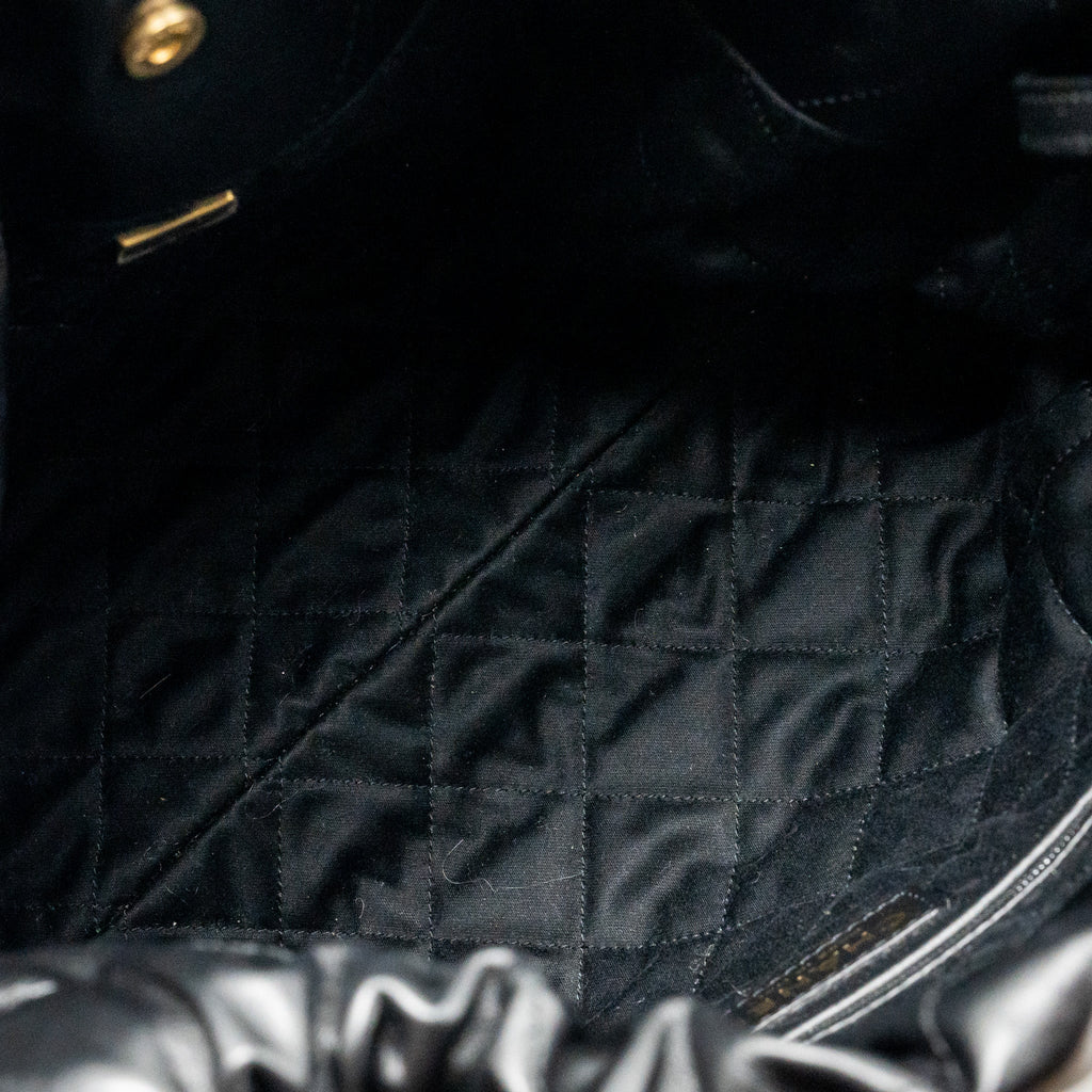 CHANEL SMALL 22 BAG GOLD LETTER CALFSKIN BLACK GHW (MICROCHIP)