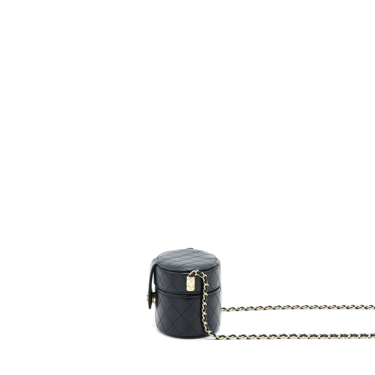 CHANEL MINI ROUND VANITY WITH CHAIN LAMBSKIN BLACK LGHW