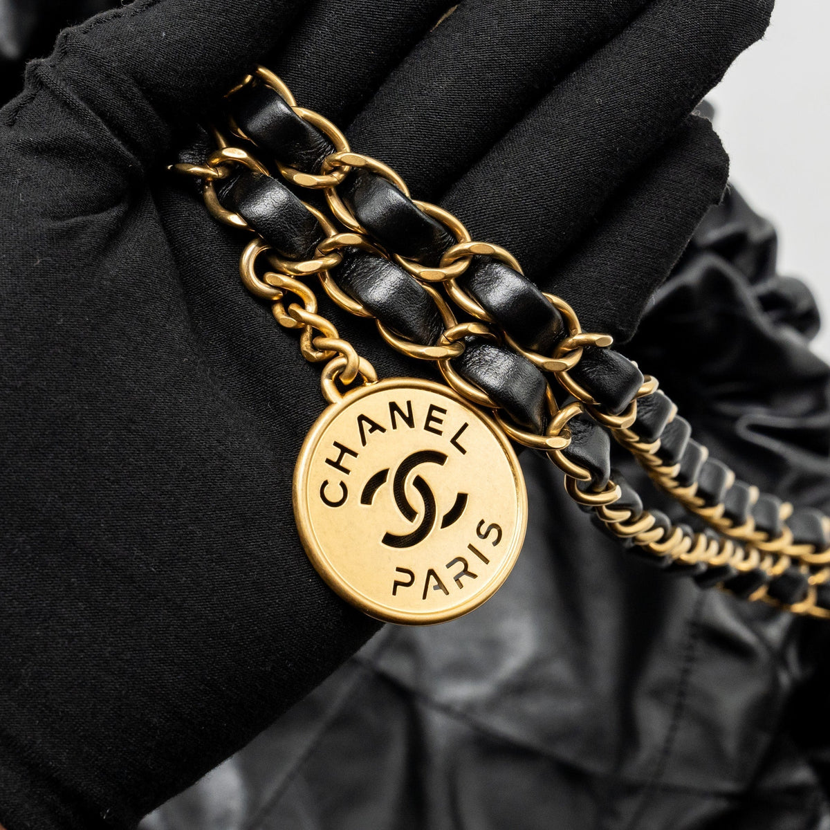 CHANEL SMALL 22 BAG GOLD LETTER CALFSKIN BLACK GHW (MICROCHIP)