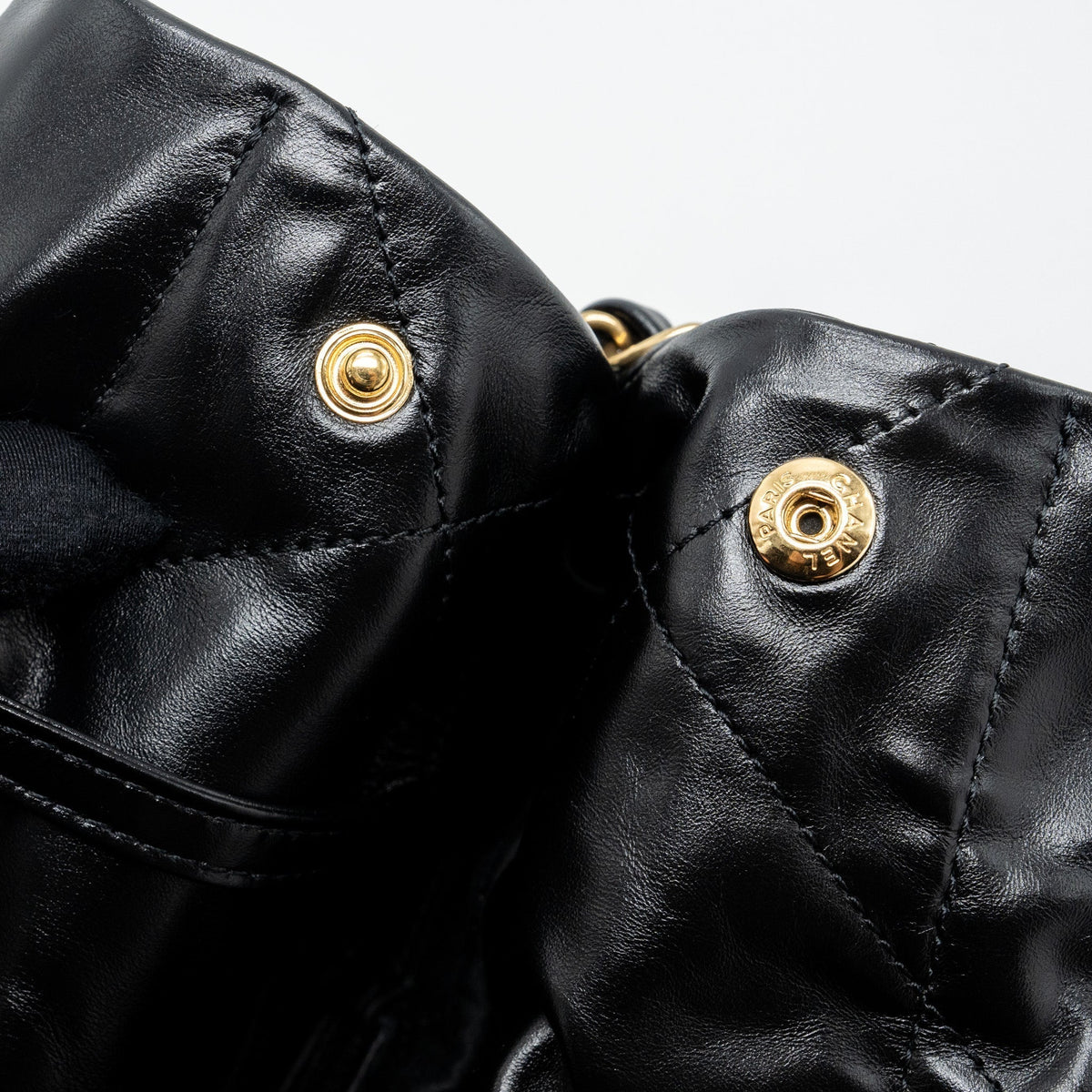 CHANEL SMALL 22 BAG GOLD LETTER SHINY  CALFSKIN BLACK BRUSHED GHW (MICROCHIP)