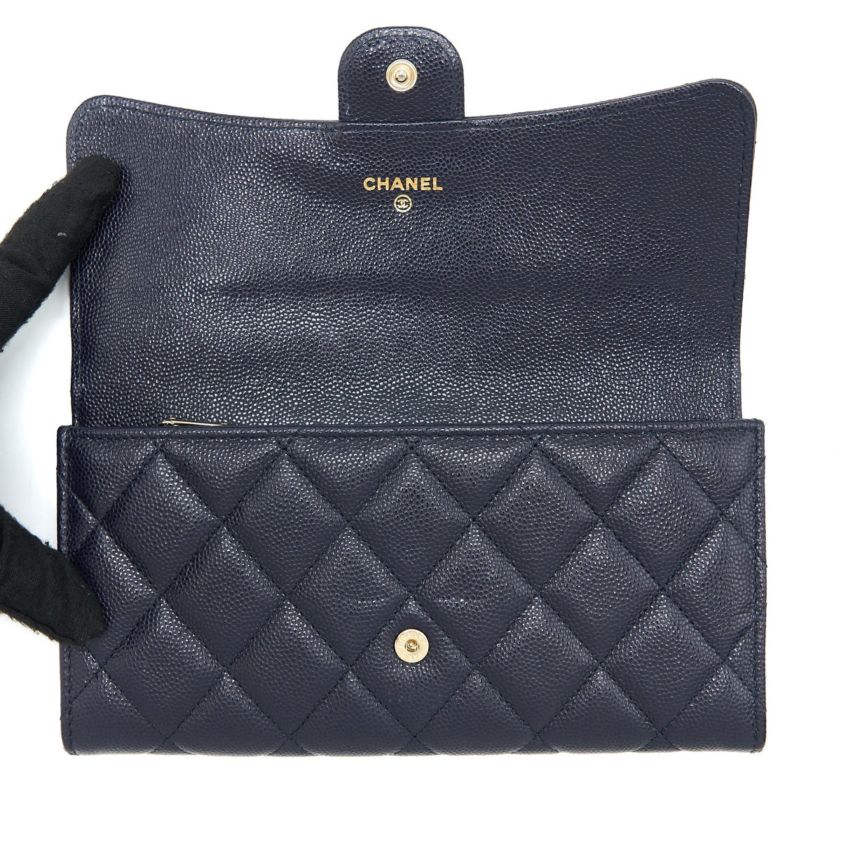 CHANEL CLASSIC FLAP LONG WALLET CAVIAR DARK BLUE LGHW