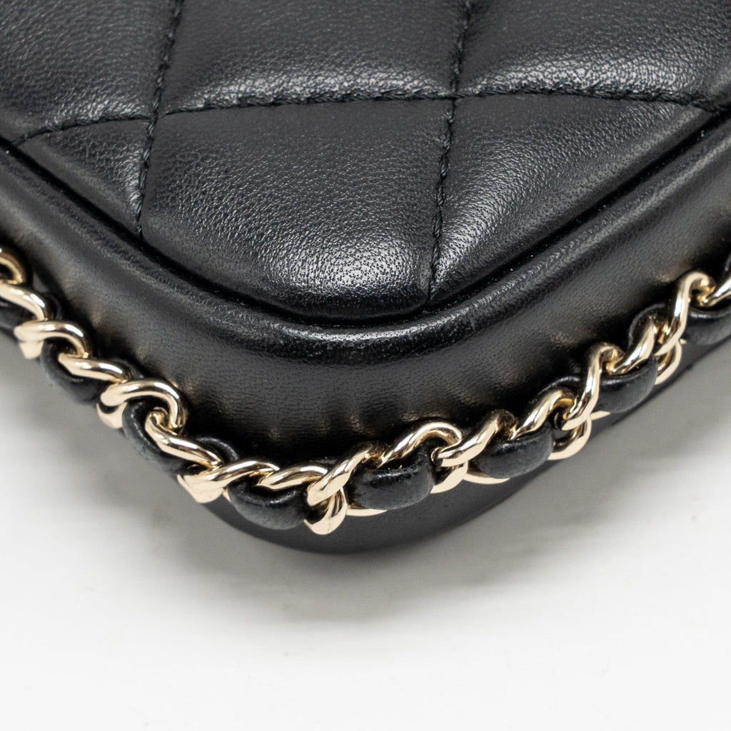 Chanel letter pearl chain mini flap clutch Lambskin black LGHW