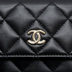 CHANEL MINI FLAP CARD HOLDER WITH RIBBON CHAIN LAMBSKIN BLACK LGHW
