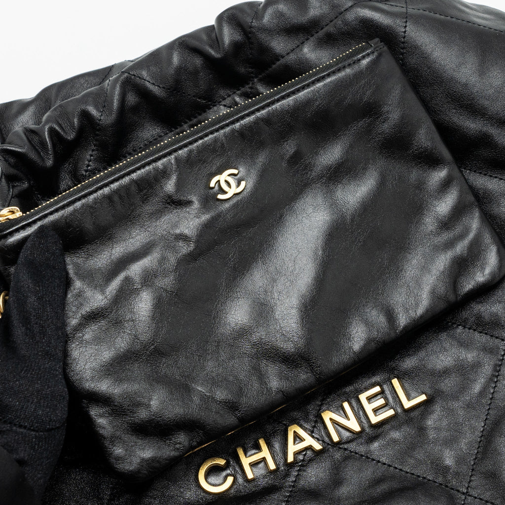 CHANEL MEDIUM 22 BAG SHINY CALFSKIN BLACK BRUSHED GHW(MICROCHIP)