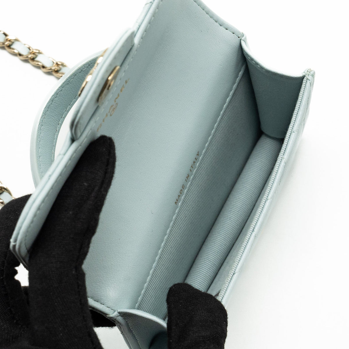 CHANEL TOP HANDLE MINI FLAP CLUTCH WITH CHAIN LAMBSKIN LIGHT BLUE LGHW