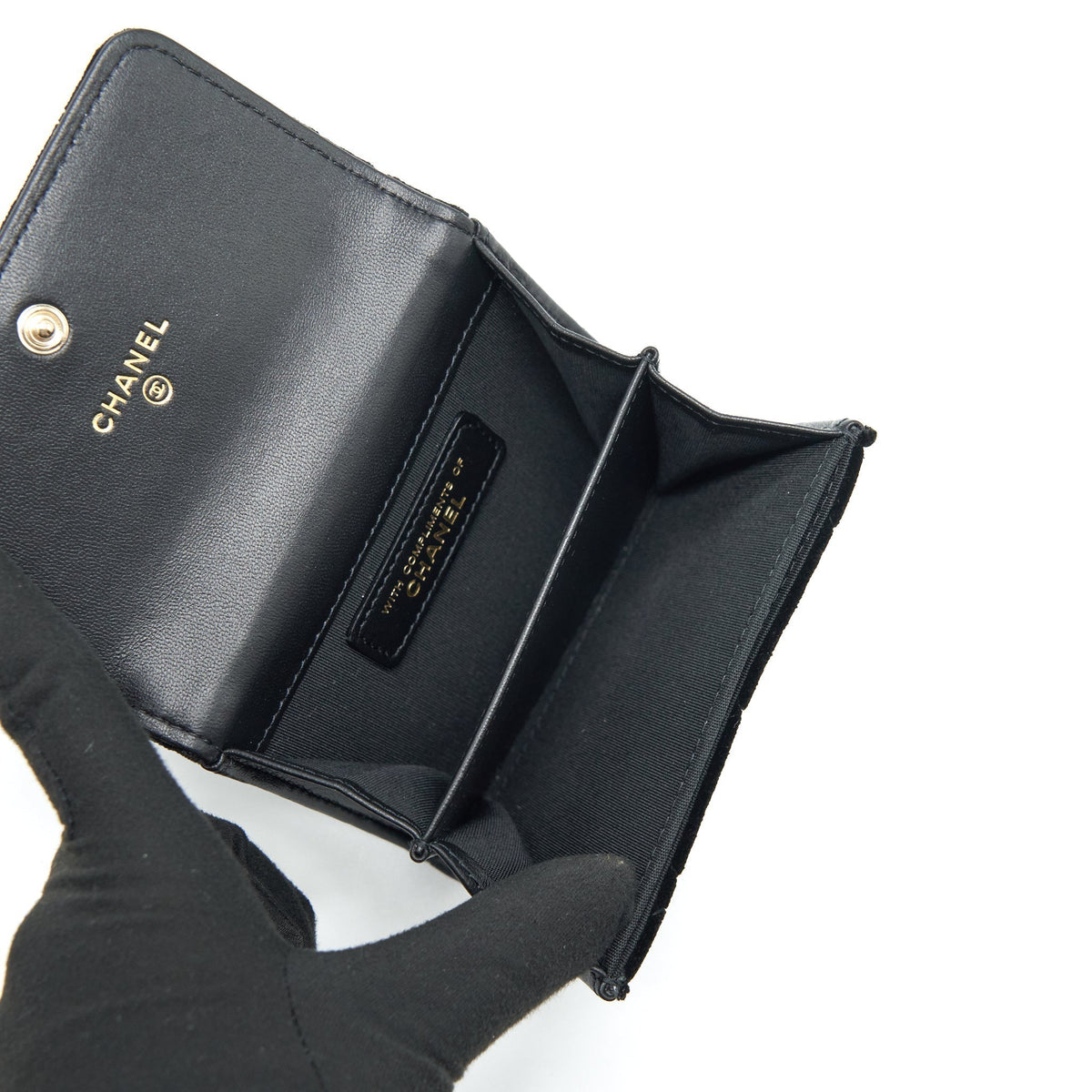 CHANEL VELVET CC LOGO SMALL FLAP WALLET BLACK LGHW