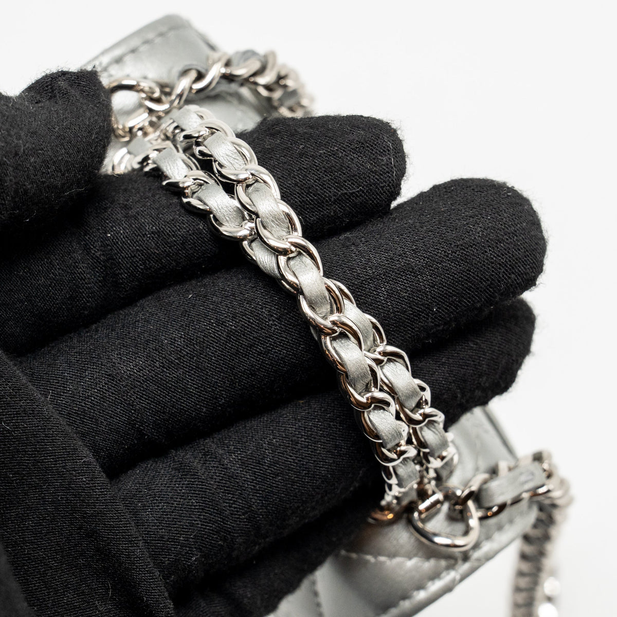 CHANEL TOP HANDLE MINI FLAP BAG WITH CHAIN LAMBSKIN SILVER SHW (MICROCHIP)