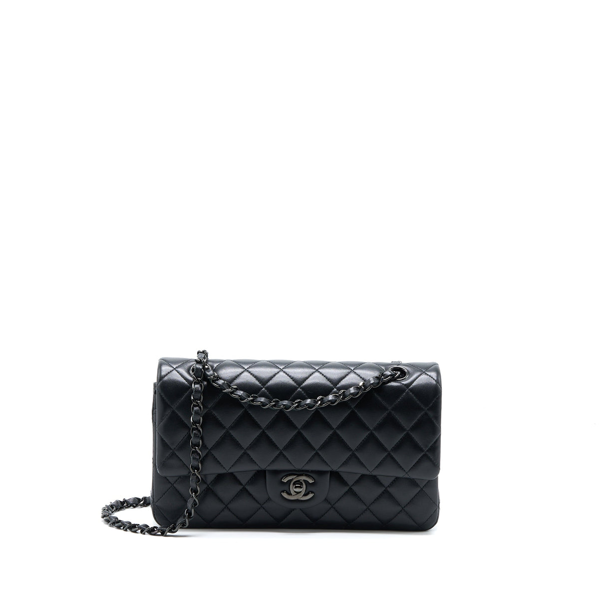 CHANEL MEDIUM CLASSIC DOUBLE FLAP BAG LAMBSKIN SO BLACK WITH BLACK HARDWARE (MICROCHIP)
