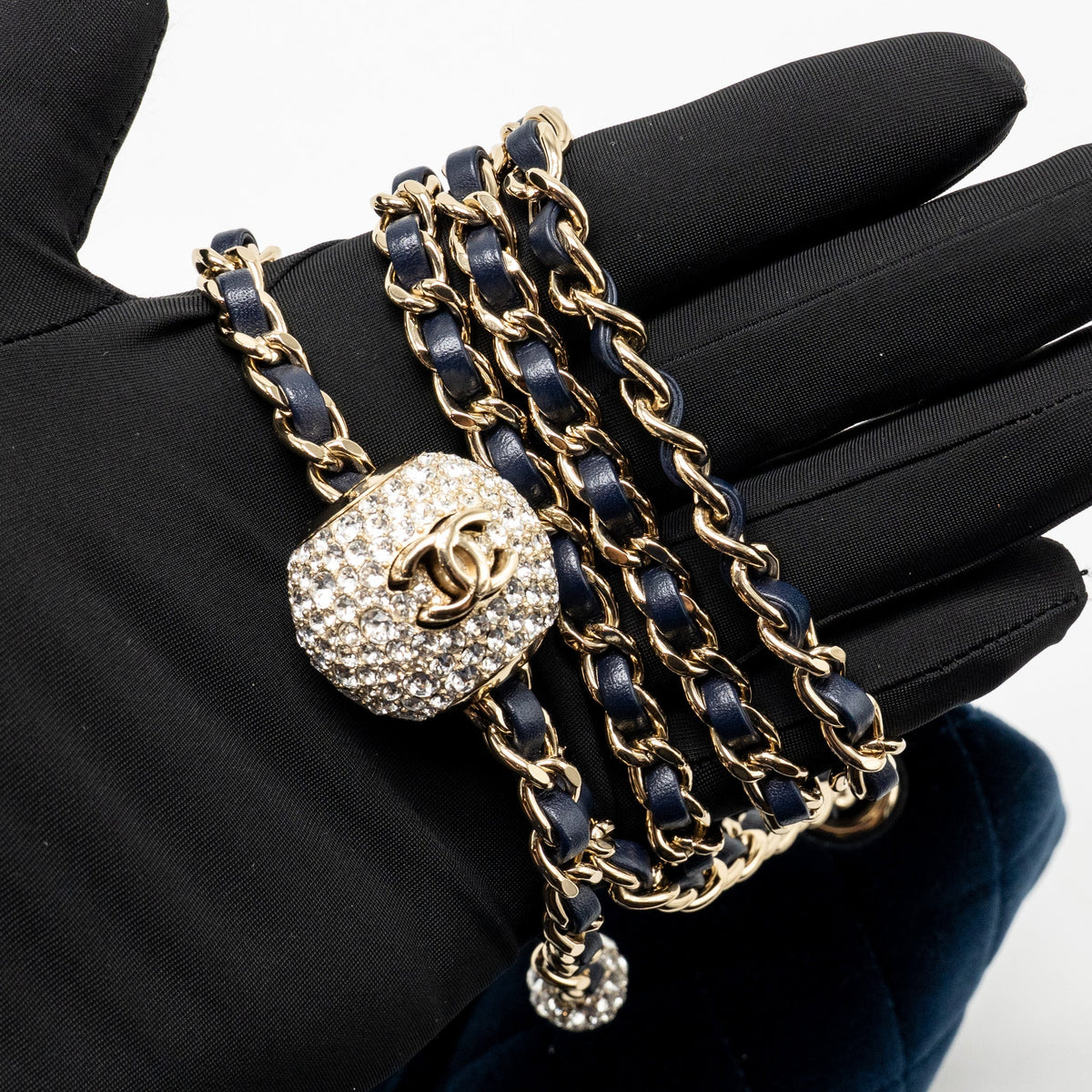 Chanel crystal pearl crush mini rectangular flap bag velvet navy blue LGHW