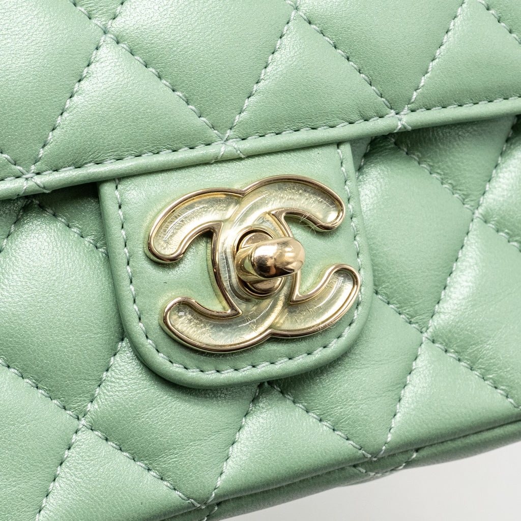 Chanel square flap bag candy heart quilted lambskin light green LGHW (microchip)