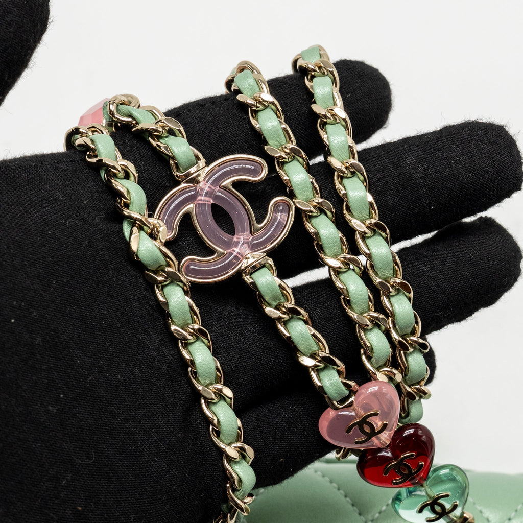 Chanel square flap bag candy heart quilted lambskin light green LGHW (microchip)
