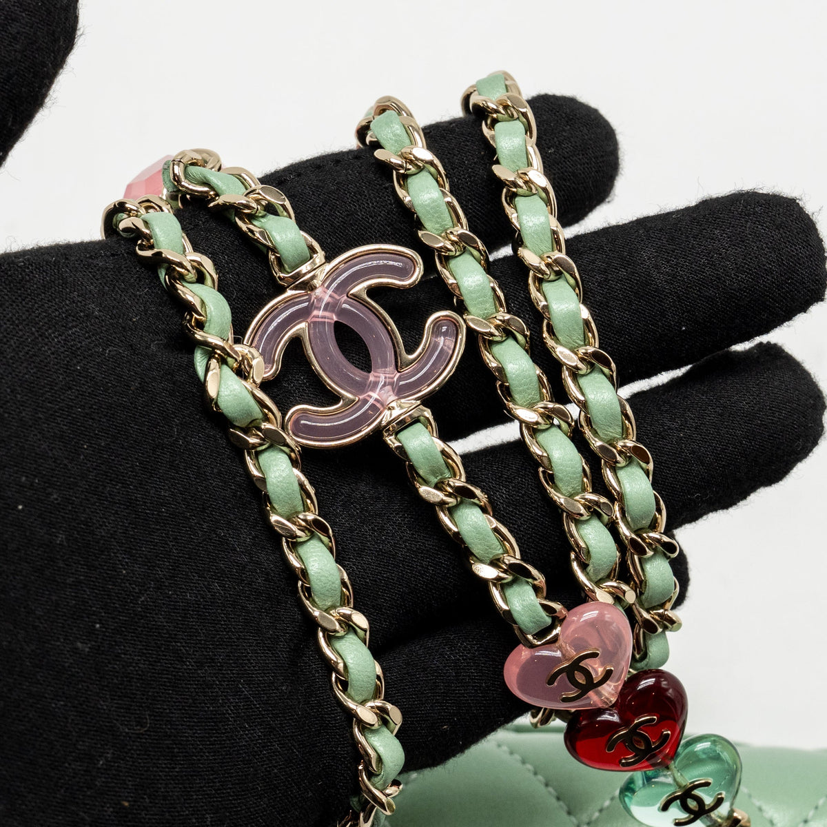 Chanel square flap bag candy heart quilted lambskin light green LGHW (microchip)
