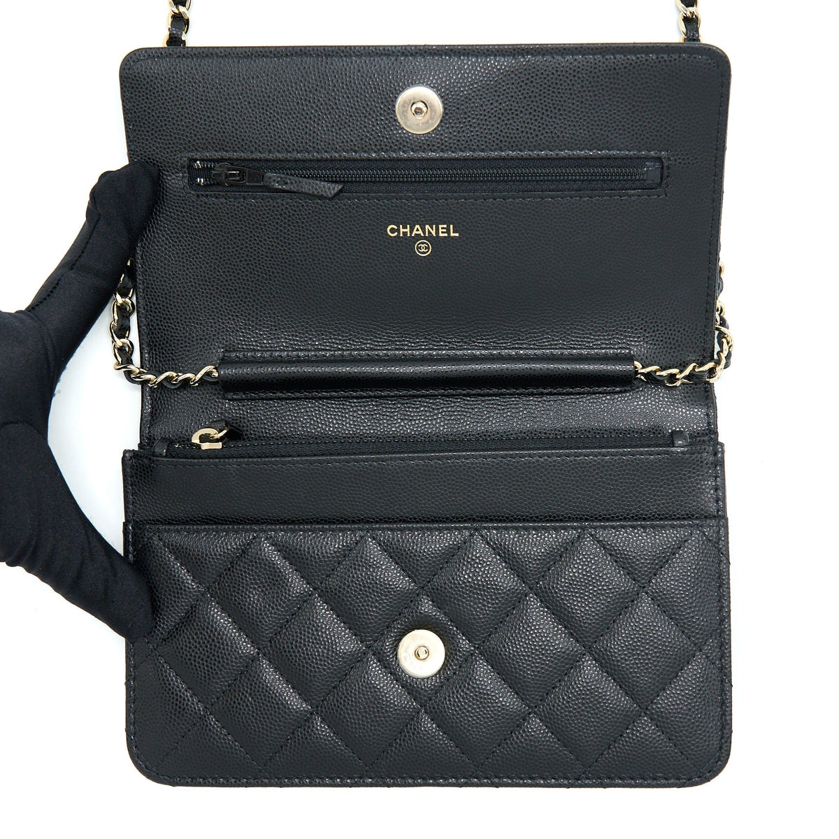 CHANEL 22S WALLET ON CHAINS WITH DETAIL CC LOGO CAVIAR BLACK LGHW