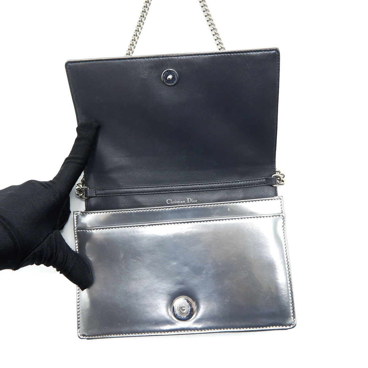 DIOR DIORAMA WALLET ON CHAIN METALLIC SILVER SHW