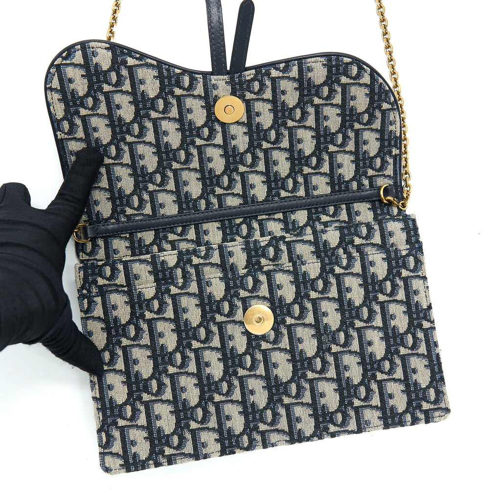 DIOR SADDLE POUCH WITH CHAIN BLUE DIOR OBLIQUE JACQUARD GHW