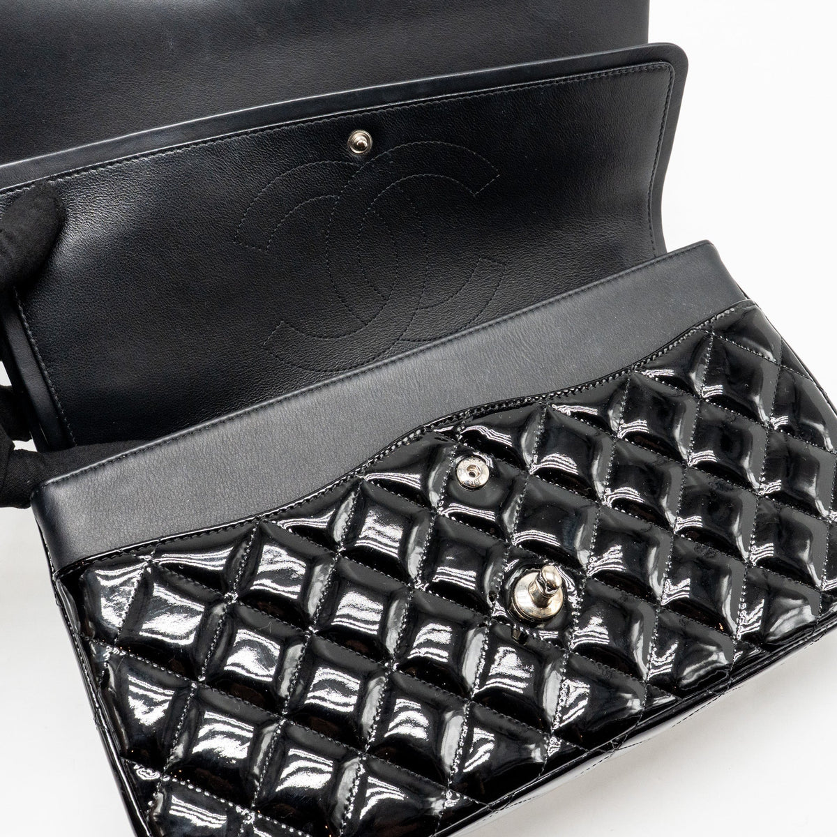 CHANEL JUMBO CLASSIC DOUBLE FLAP BAG PATENT BLACK SHW