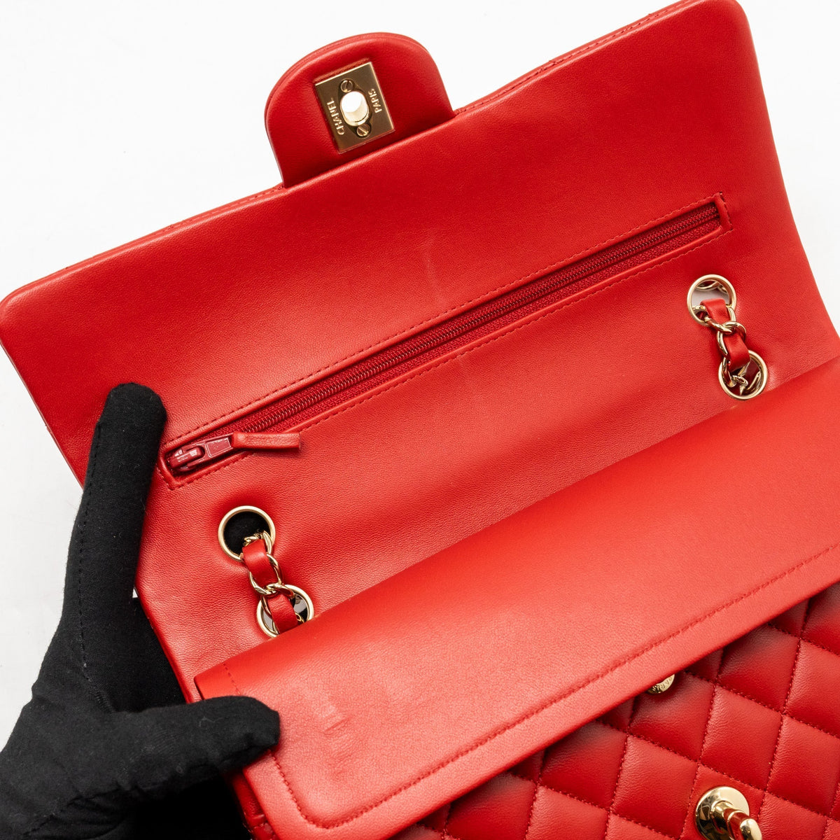 CHANEL MEDIUM CLASSIC DOUBLE FLAP BAG LAMBSKIN RED LGHW