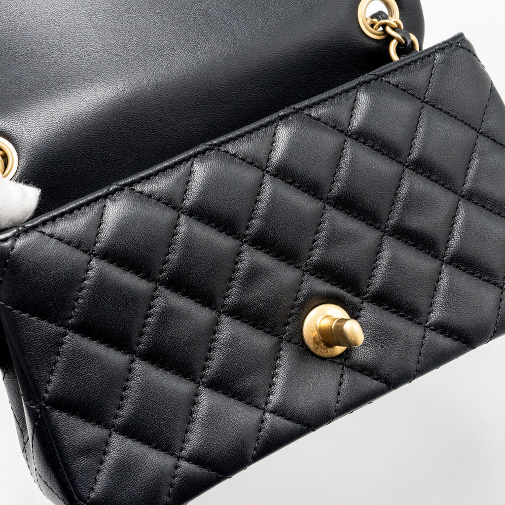 CHANEL PEARL CRUSH MINI RECTANGULAR FLAP BAG LAMBSKIN BLACK GHW (MICROCHIP)